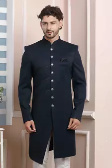 Blue plain jacquard sherwani