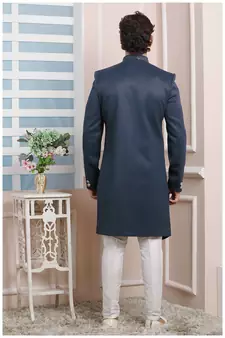 Blue plain jacquard sherwani