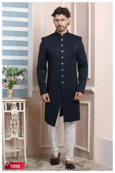 Blue plain jacquard sherwani