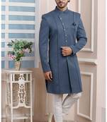 Blue plain jacquard sherwani