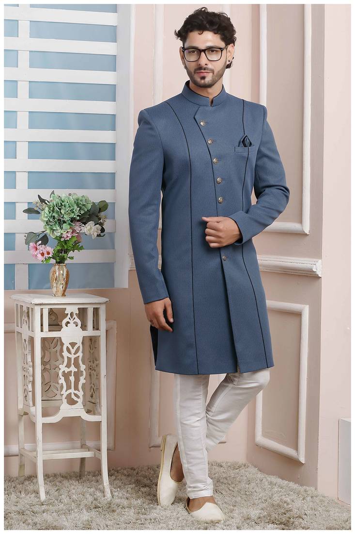 Blue plain jacquard sherwani