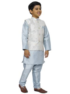 Light Blue Stripes SIlk Jacquard Kurta Pajama Set // Traditional Wear 3