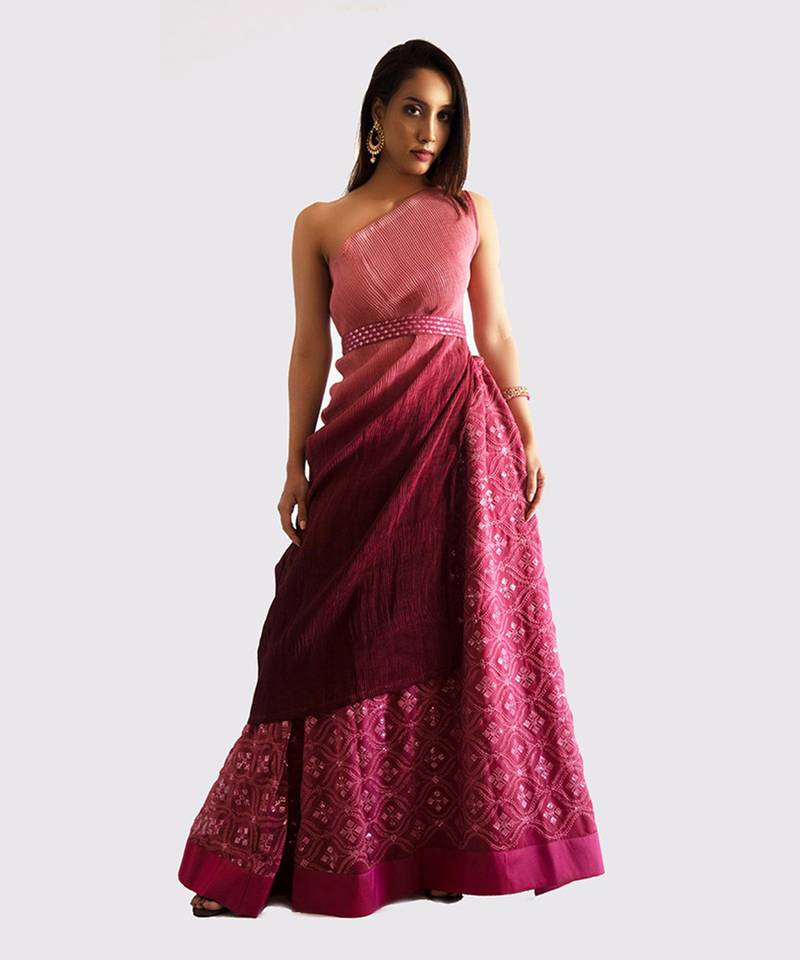 Pink To Wine Oneshoulder Top With Lehenga And Matching Belt