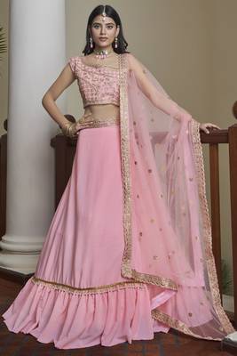 Pink embroidered art silk semi stitched lehenga 1