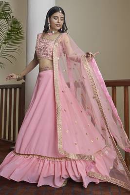 Pink embroidered art silk semi stitched lehenga 3