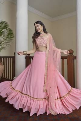 Pink embroidered art silk semi stitched lehenga 4