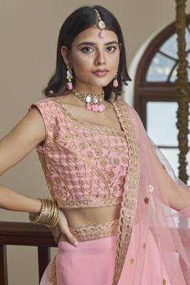 Pink embroidered art silk semi stitched lehenga 5
