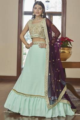 Light-sky-blue embroidered art silk semi stitched lehenga 1
