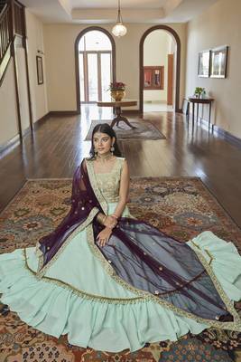 Light-sky-blue embroidered art silk semi stitched lehenga 4