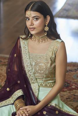 Light-sky-blue embroidered art silk semi stitched lehenga 5