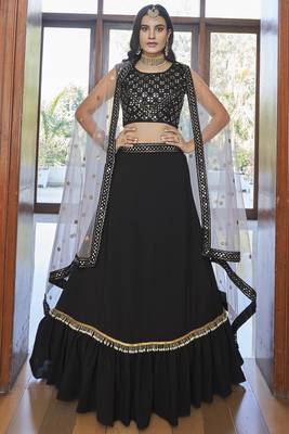 Black embroidered art silk semi stitched lehenga 1