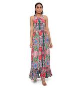 Red Enchanted Print Crepe Waist Cut-Out Dress