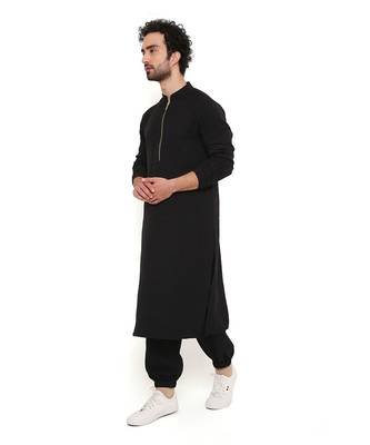 Black Soft Linen Bomber Kurta With Jogger Pant 3