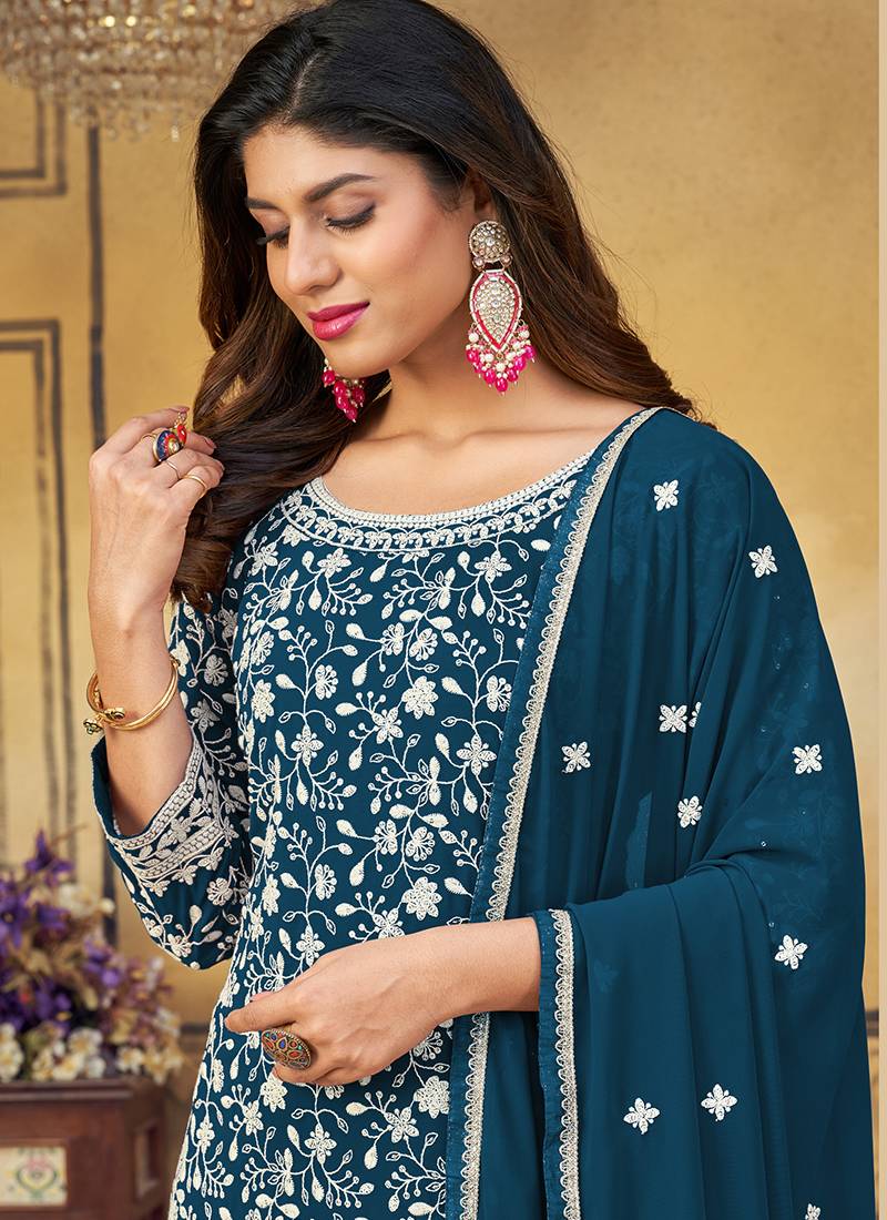 Blue Color Embroidery Work Faux Georgette Readymade Sharara Suit