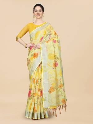 Yellow Linen Blend Beautiful Floral design Zari Border saree with Blouse 1
