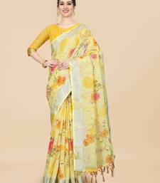 Yellow Linen Blend Beautiful Floral design Zari Border saree with Blouse