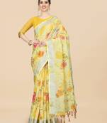 Yellow Linen Blend Beautiful Floral design Zari Border saree with Blouse