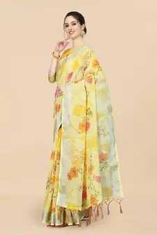 Yellow Linen Blend Beautiful Floral design Zari Border saree with Blouse