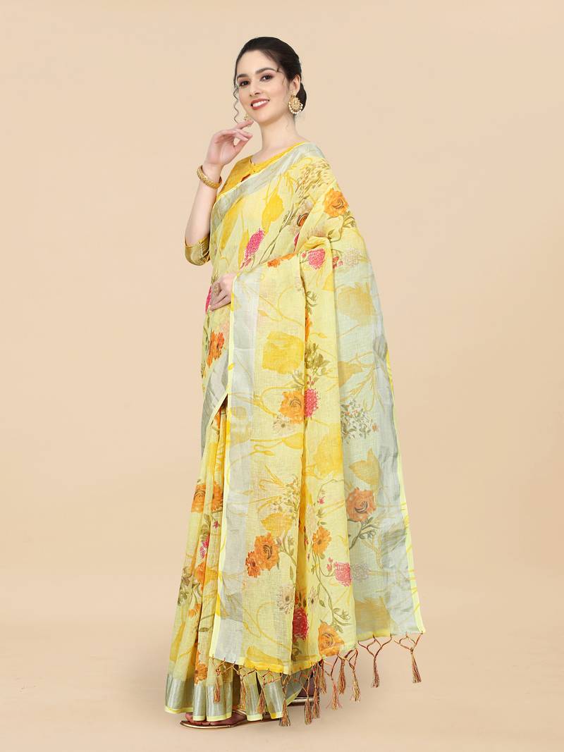 Yellow Linen Blend Beautiful Floral design Zari Border saree with Blouse