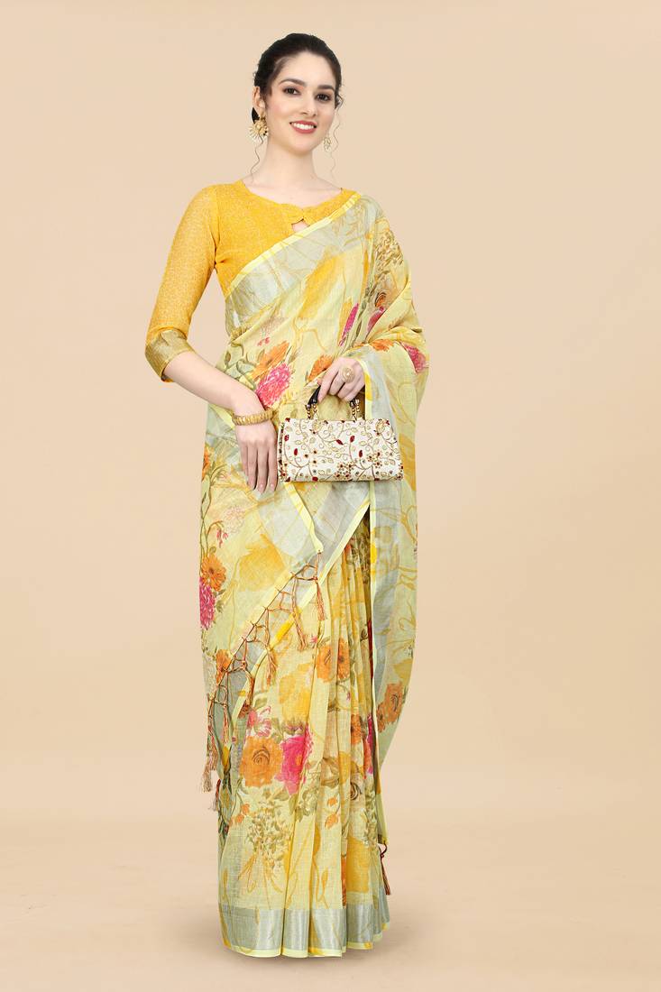 Yellow Linen Blend Beautiful Floral design Zari Border saree with Blouse