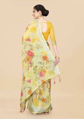 Yellow Linen Blend Beautiful Floral design Zari Border saree with Blouse 4