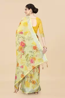 Yellow Linen Blend Beautiful Floral design Zari Border saree with Blouse