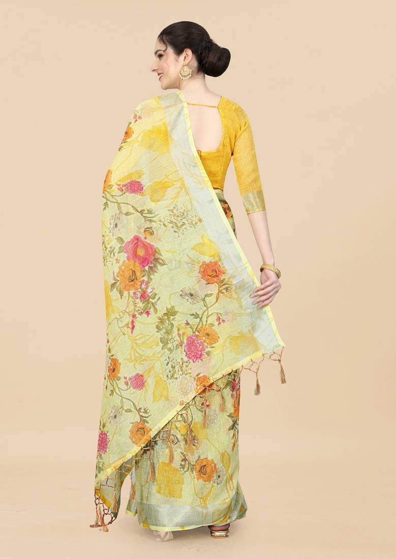 Yellow Linen Blend Beautiful Floral design Zari Border saree with Blouse