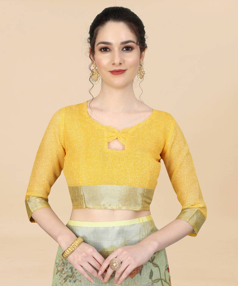 Yellow Linen Blend Beautiful Floral design Zari Border saree with Blouse