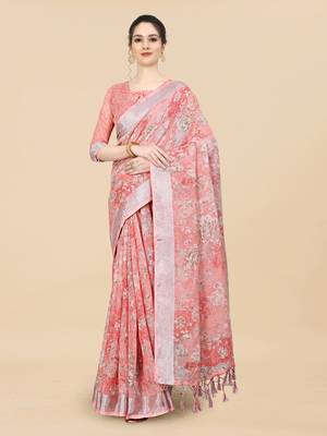 Women'S Linen Cotton Pink Printed Saree With Unstitched Boluse Piece 1