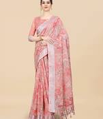 Women'S Linen Cotton Pink Printed Saree With Unstitched Boluse Piece