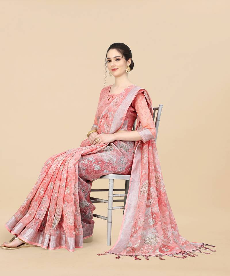 Women'S Linen Cotton Pink Printed Saree With Unstitched Boluse Piece
