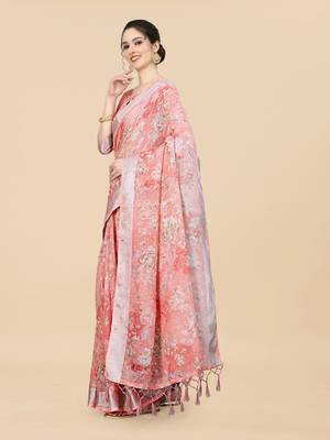 Women'S Linen Cotton Pink Printed Saree With Unstitched Boluse Piece 3