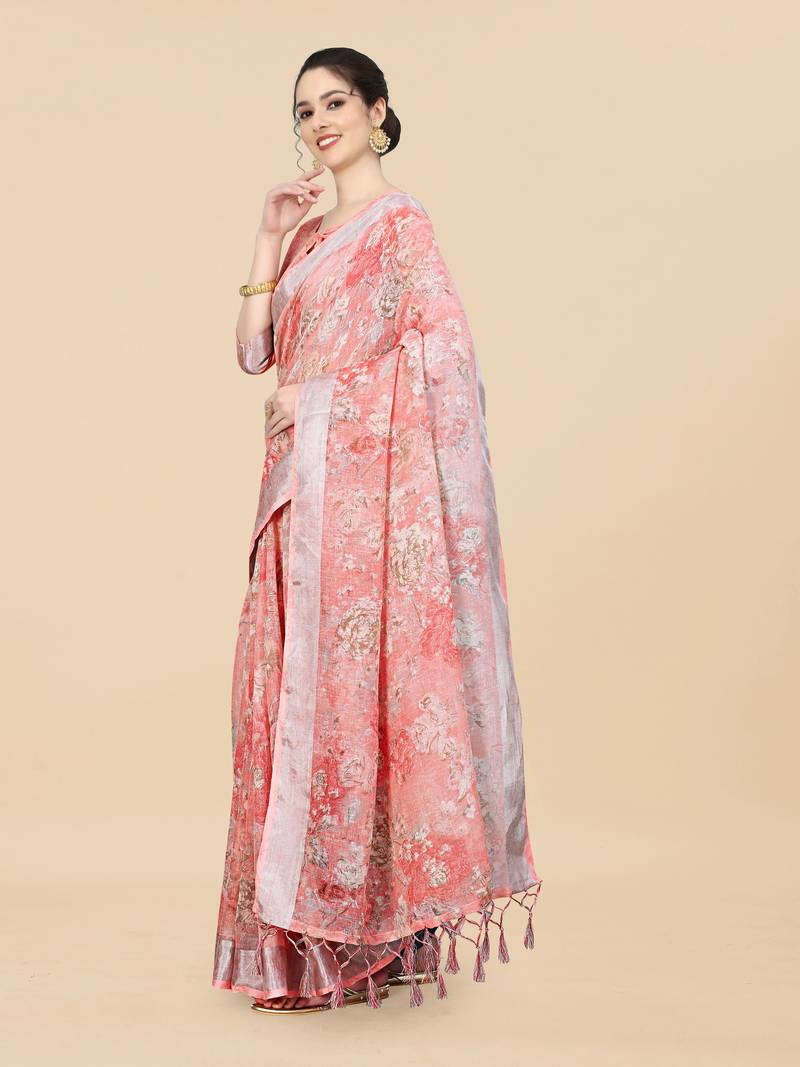 Women'S Linen Cotton Pink Printed Saree With Unstitched Boluse Piece