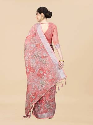 Women'S Linen Cotton Pink Printed Saree With Unstitched Boluse Piece 4