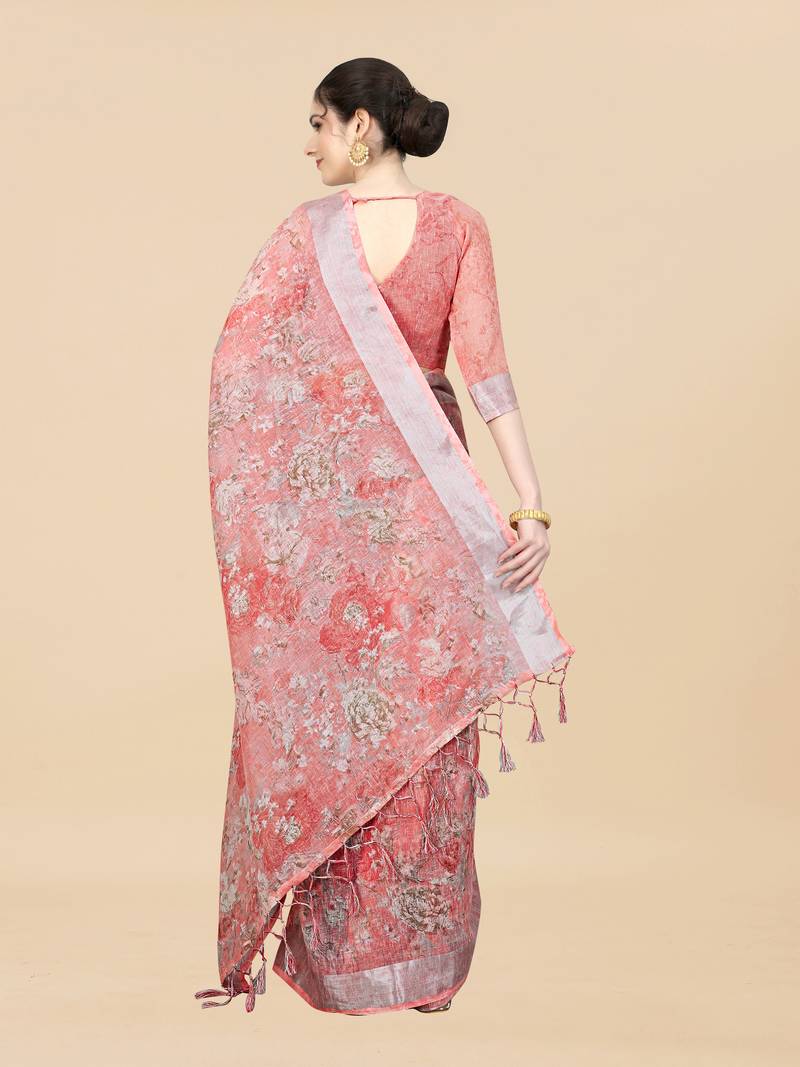 Women'S Linen Cotton Pink Printed Saree With Unstitched Boluse Piece