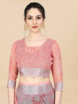 Women'S Linen Cotton Pink Printed Saree With Unstitched Boluse Piece 5