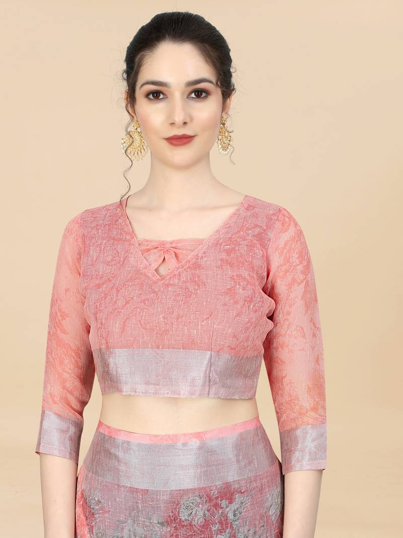 Women'S Linen Cotton Pink Printed Saree With Unstitched Boluse Piece