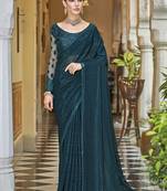 Teal embroidered satin saree with blouse