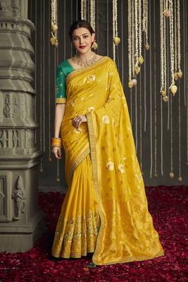 Yellow embroidered silk saree with blouse 1