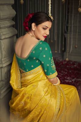 Yellow embroidered silk saree with blouse 2