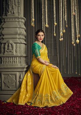 Yellow embroidered silk saree with blouse 4