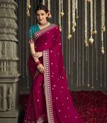 Dark rani pink embroidered silk saree with blouse