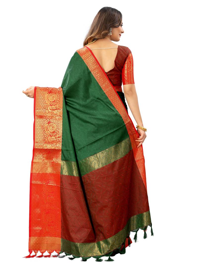 Elegant Banarasi Style Green  Saree with Traditional Gold Woven Border and Motifs