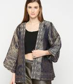 Navy Blue French Print Front Open Brocade Kimono Jacket For Women