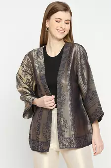 Navy Blue 3/4th Sleeves Unique Design Brocade Kimono Jacket For Women
