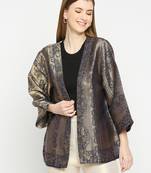 Navy Blue 3/4th Sleeves Unique Design Brocade Kimono Jacket For Women