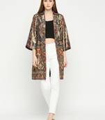 Olive Traditional Warli Design Metallic Mid Legnth Kimono Jacket For Women