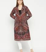 Multicolor Velvet Paisley Design Button Long Jacket For Women With Pocket