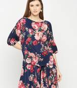 Blue Floral Print Pleated Top For Women