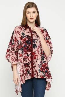 Pink Floral Printed Collar With Button Top Shirt For Women